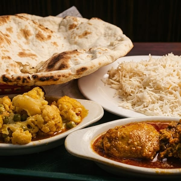 Indian meal with naan bread, white rice, cauliflower curry, and chicken curry on a tray.