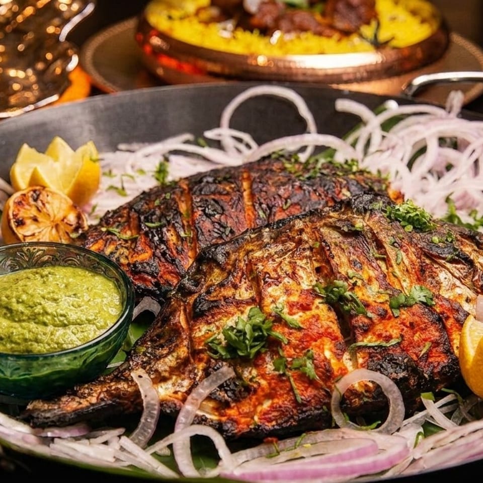 Two whole grilled fish, garnished with onions, lemon, and green chutney, in a black pan.