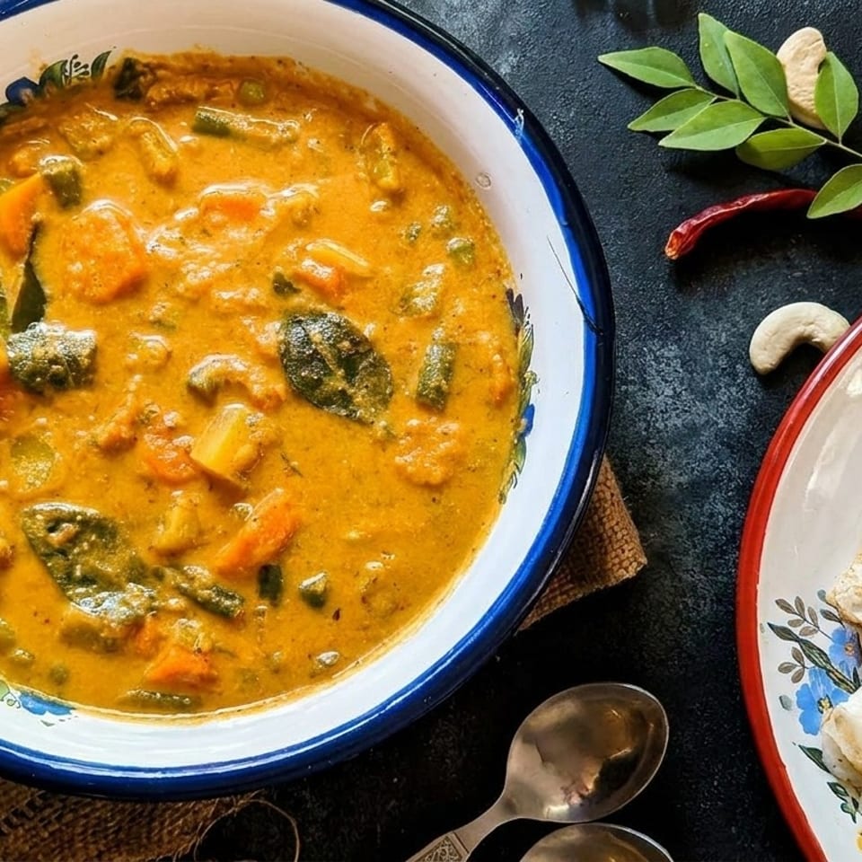 A bowl of vibrant vegetable curry with flatbreads, cashews, and curry leaves on a dark surface.