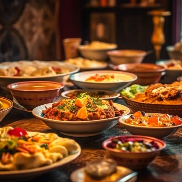 A table laden with numerous bowls of colorful, diverse dishes, including stews, rice, and dumplings.