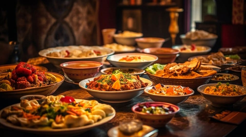 A table laden with numerous bowls of colorful, diverse dishes, including stews, rice, and dumplings.