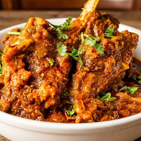 A white bowl filled with rich, dark red lamb curry, garnished with fresh green cilantro.