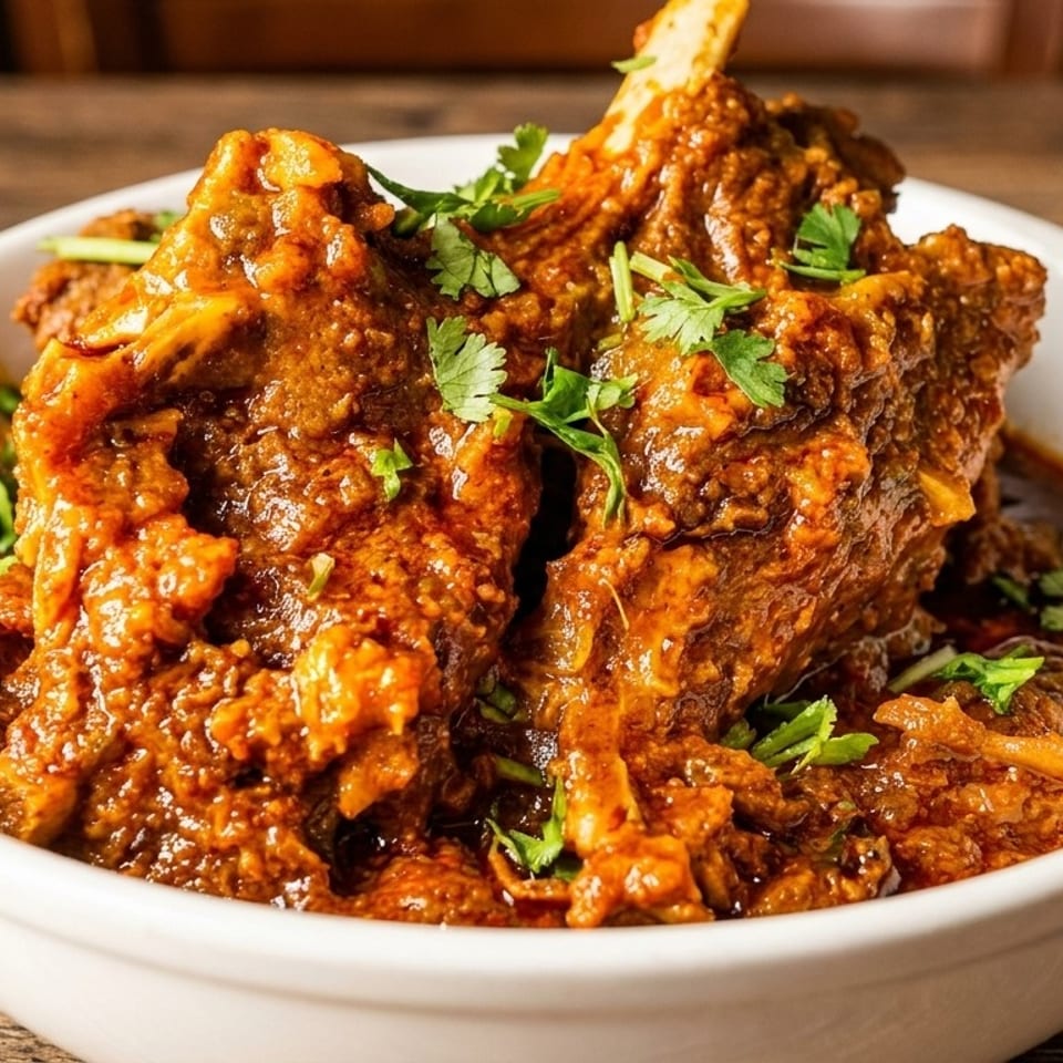A white bowl filled with rich, dark red lamb curry, garnished with fresh green cilantro.