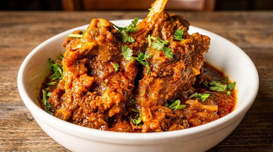 A white bowl filled with rich, dark red lamb curry, garnished with fresh green cilantro.