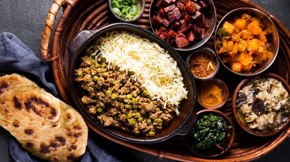 A vibrant Indian thali with keema matar, rice, naan, and various side dishes on a woven tray.