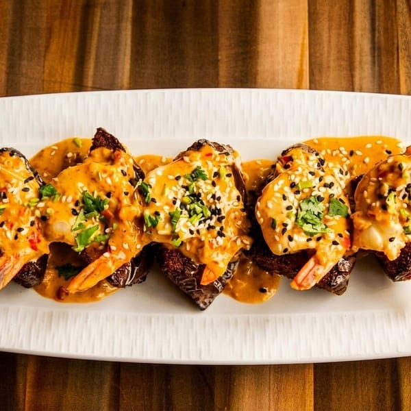 Five pieces of steak topped with shrimp, orange sauce, sesame seeds, and cilantro on a white plate.