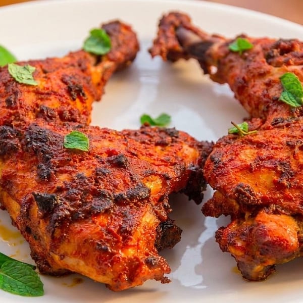 Two grilled chicken legs, garnished with mint, lime, red onion, and a green chili.