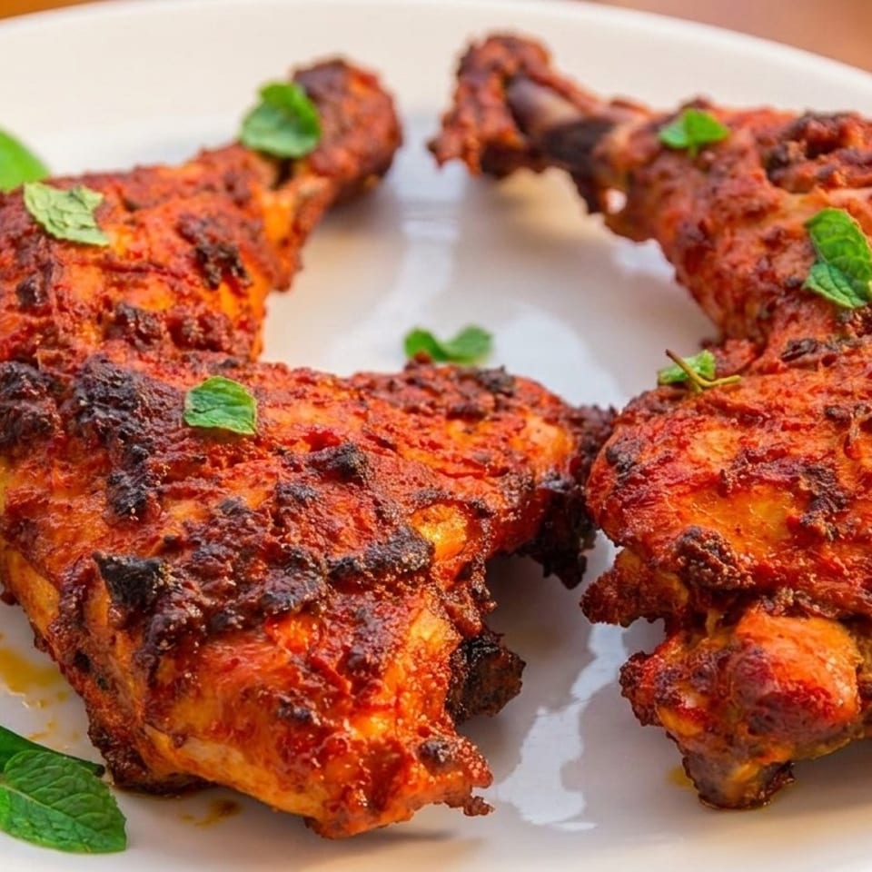 Two grilled chicken legs, garnished with mint, lime, red onion, and a green chili.